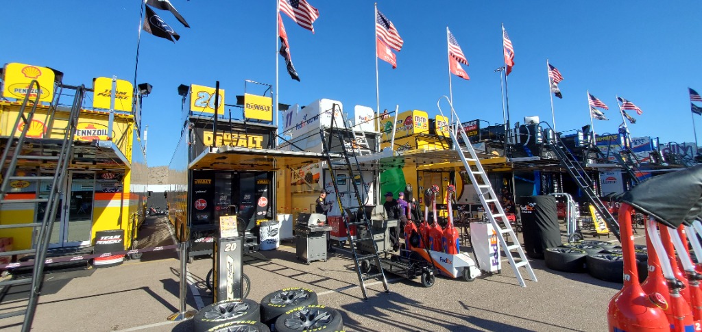 NASCAR Cup Series Team Haulers, Goodyear Tires, and Paddock Garage